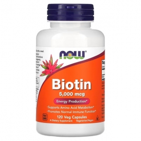 NOW Biotin / Биотин 5 мг (5000 мкг) повышенная прочность в вегетарианских капсулах №120